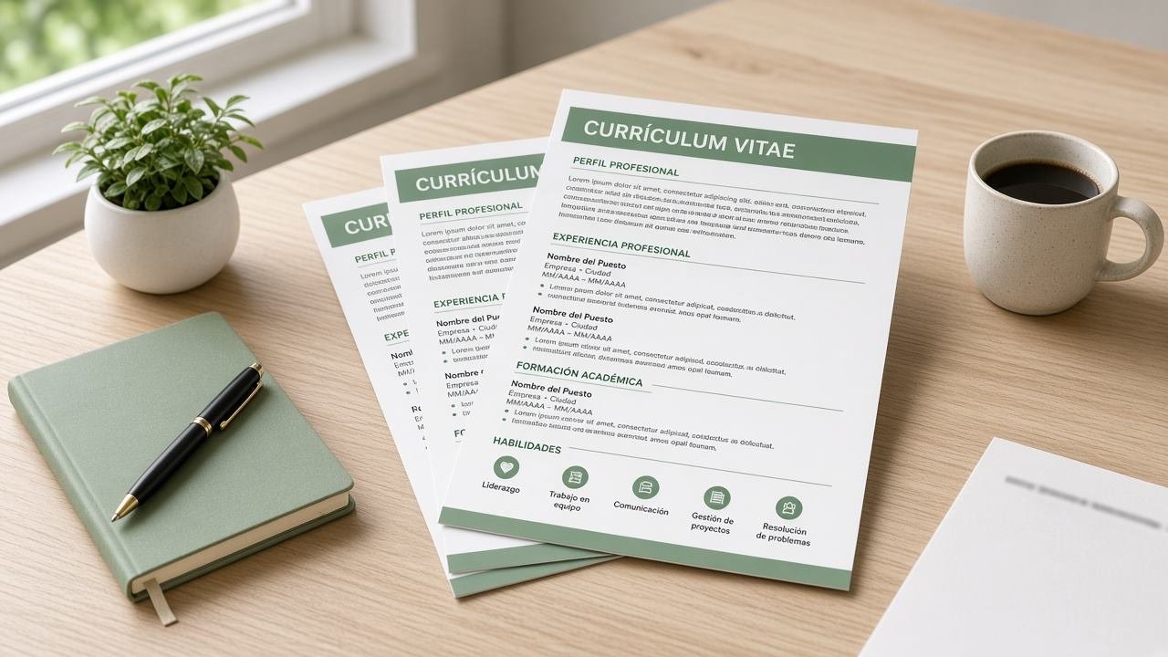 Currículums profesionales sobre una mesa de oficina, listos para empleo en Ibiza