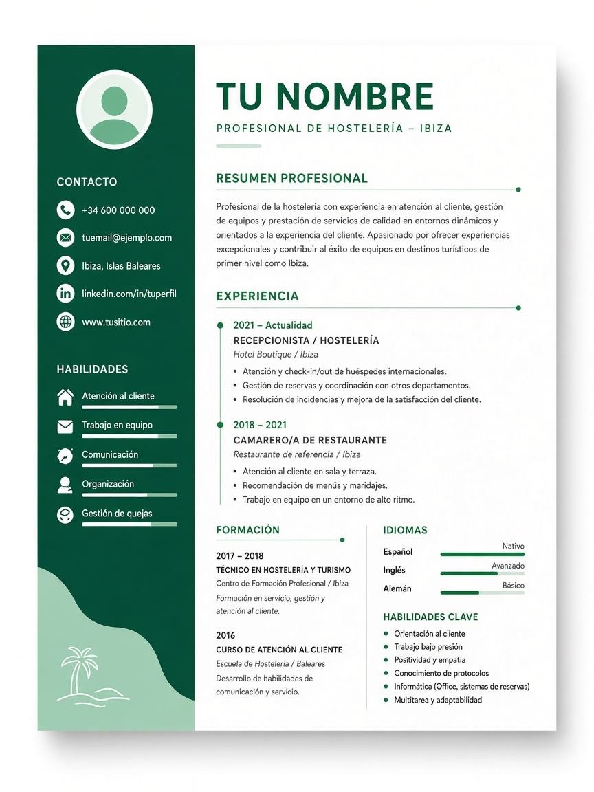Ejemplo de CV profesional para hostelería en Ibiza creado con el CV Builder