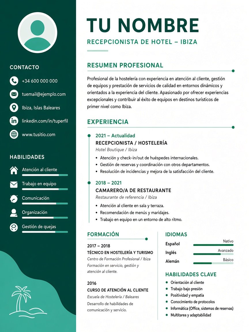 Ejemplo de CV profesional para turismo y hoteles en Ibiza creado con el CV Builder